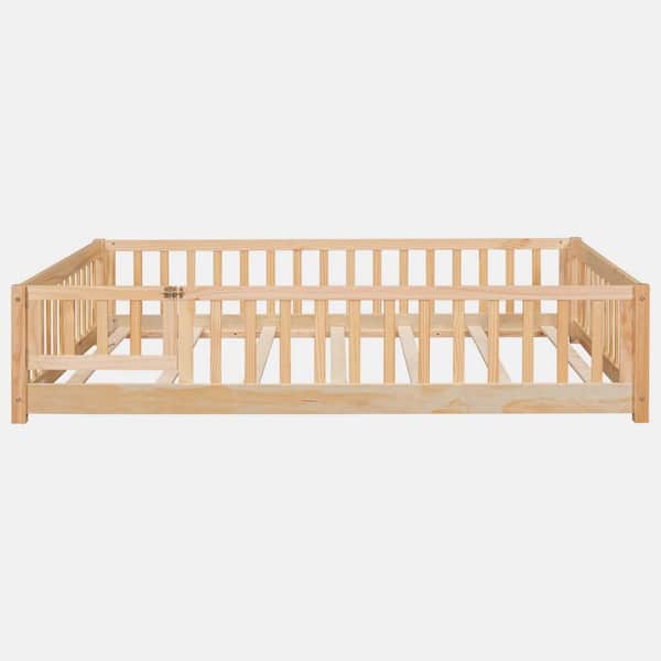 wetiny Beige Wood Frame Full Size Platform Bed with Fence without Door
