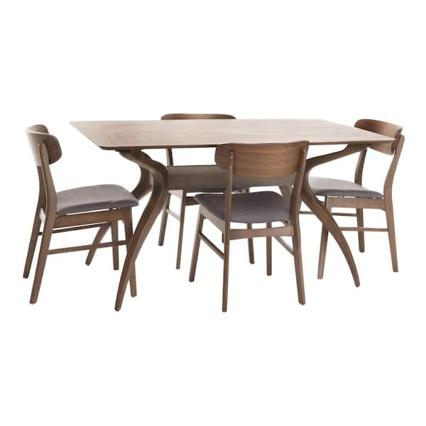 Noble House Lucious 5-Piece Dark Grey Fabric and Natural Walnut Dining ...