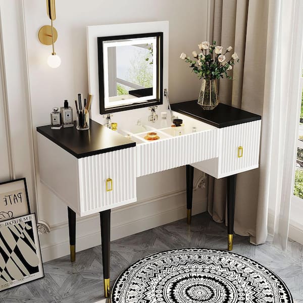 J&E Home 43.3 in. Modern Vanity Table Set with Flip-top Mirror and LED  Lightr in Black JE-DR001OR - The Home Depot