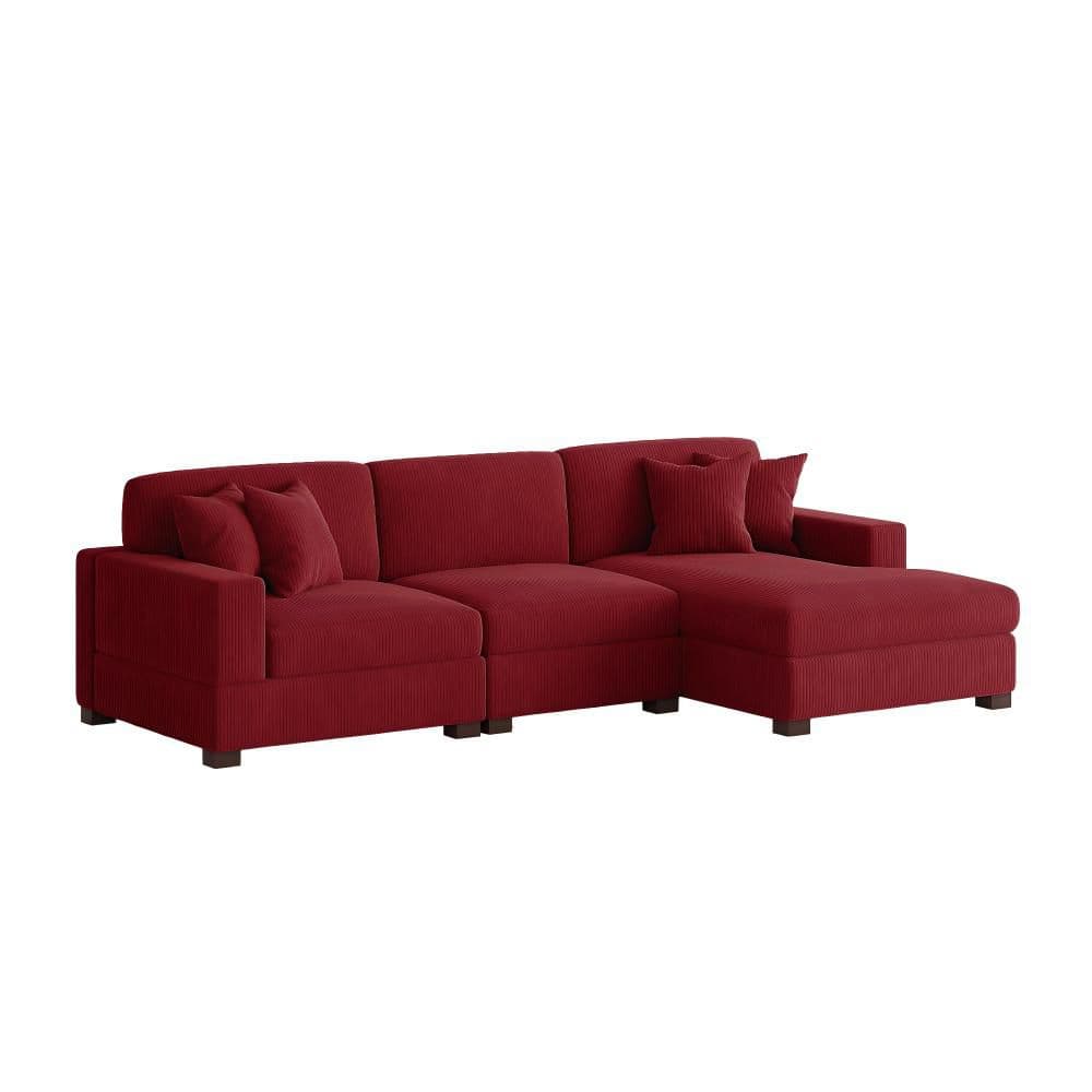 118 in. Square Arm 3-piece Corduroy Upholstered L-Shaped Sectional Sofa in Red