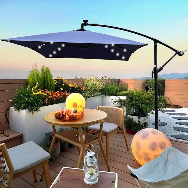 Zeus & Ruta 10 ft. Rectangular Steel LED Cantilever Patio Umbrella with Crank and Cross Base in Navy Blue for Garden Deck Backyard