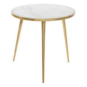 21 in. Gold Large Round Marble End Accent Table with Marble Top