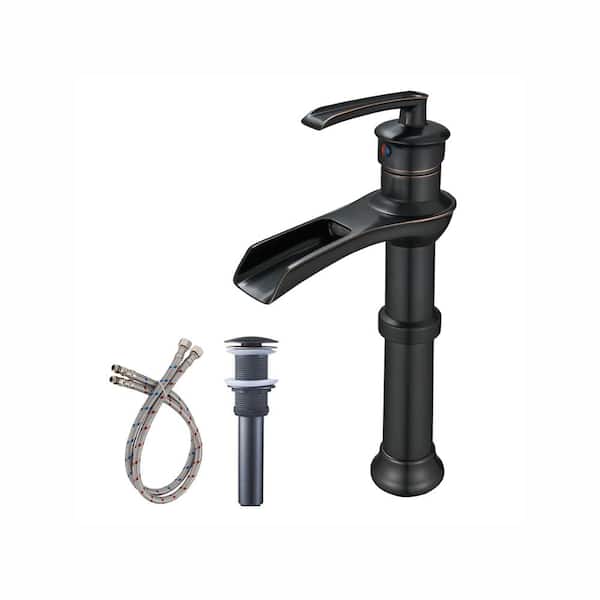 FORCLOVER Single Handle Waterfall Single Hole Bathroom Vessel Sink Faucet with Pop-Up Drain Assembly in Oil Rubbed Bronze