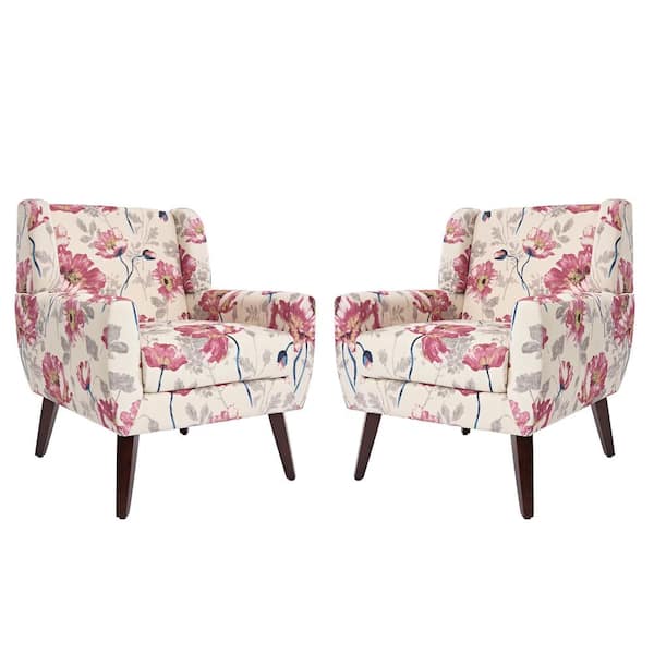 Uixe Mid-Century Modern Pink Floral Pattern Linen Accent Armchair set of 2