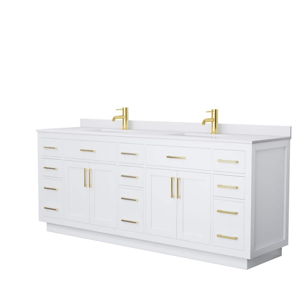 Wyndham Collection Beckett TK 84 in. W x 22 in. D x 35 in. H Double Bath Vanity in White with White Cultured Marble Top, White with Brushed Gold Trim -  840193394339