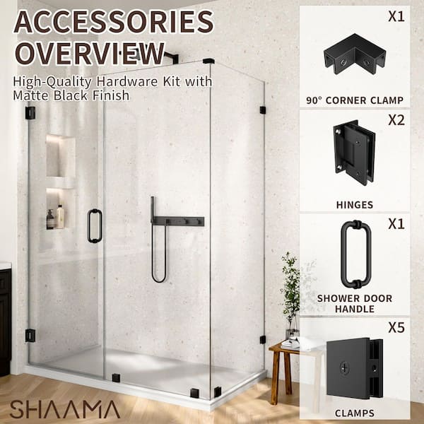 28-32 in. W Corner Shower Door Hardware Pack in Matte Black Includes Corner Clamp, 2 Hinges, 5 Clamps, Handle(1-Pair)