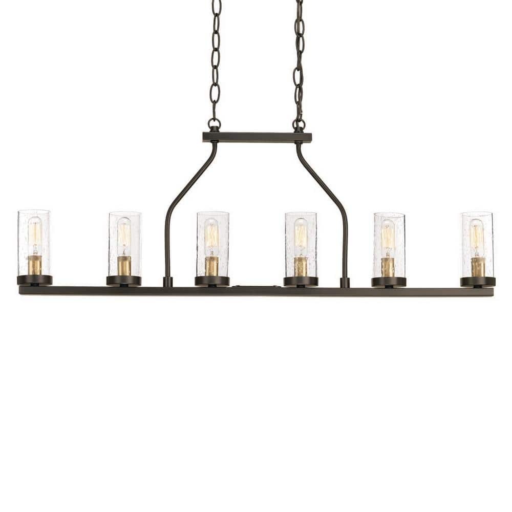 in. Home Brass Accents Lighting Hartwell Farmhouse Seeded Progress Island and Clear Depot Bronze P400127-020 34 Linear Antique Glass The Chandelier 6-Light with -