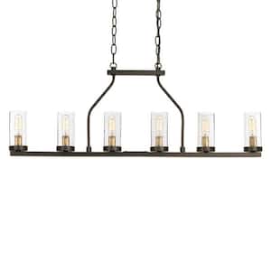 Hartwell 34 in. 6-Light Antique Bronze Farmhouse Island Linear Chandelier with Clear Seeded Glass and Brass Accents