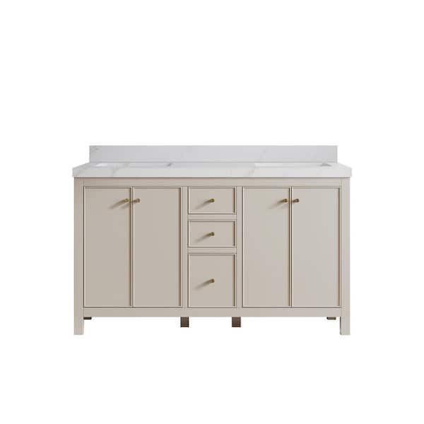 Willow Collections Chicago 60 in. Double Sink Freestanding Fine Grain Bath Vanity with Calacatta Sienna Qt. Top Unassembled