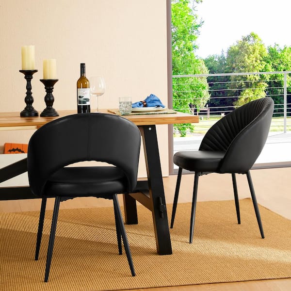 Mid-Century Modern Black Quilted Leatherette Dining Chair with Metal Tapered Legs (Set of 4 ）
