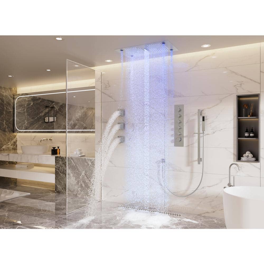 Brushed Nickel LED Ceiling Mounted Dual Shower System with Bluetooth Speaker