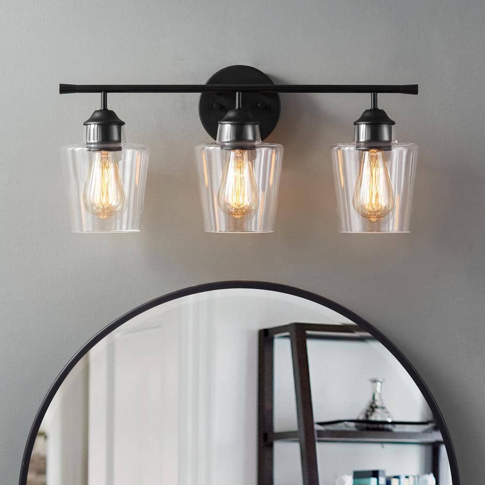 Atish Matte Black 3-Light Bathroom Vanity Fixture with Clear Glass Shades