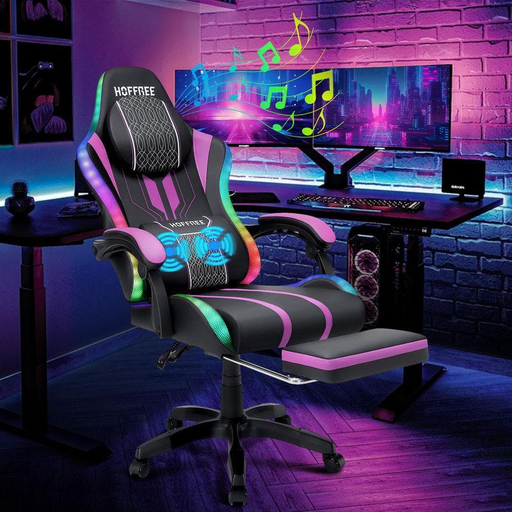 Faux Leather Massage Ergonomic Gaming Chair Big and Tall Game Chair in Purple with Bluetooth Speakers LED Light Footrest