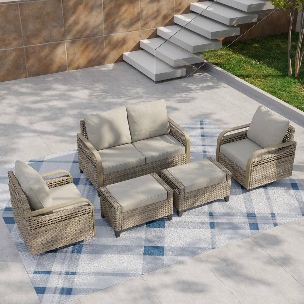 5-Piece Brown Wicker Outdoor Sofa Seating Group with Gray Cushions