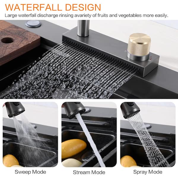 Kitchen Sink with Waterfall Faucet Stainless Steel Large Single