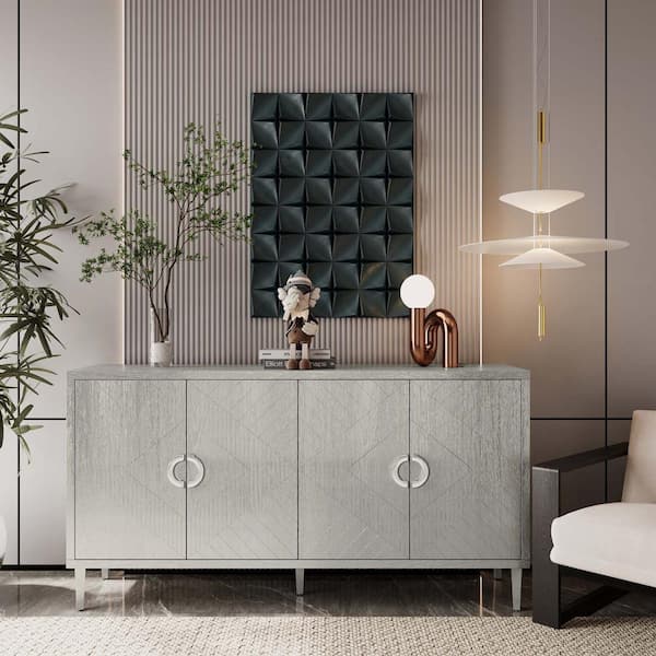 Champagne 32.48 in. 4-Door Storage Cabinet with Pine Legs and MDF