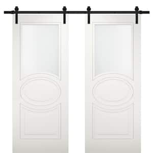 48 in. x 80 in. White Finished MDF Sliding Door with Double Barn Black Hardware