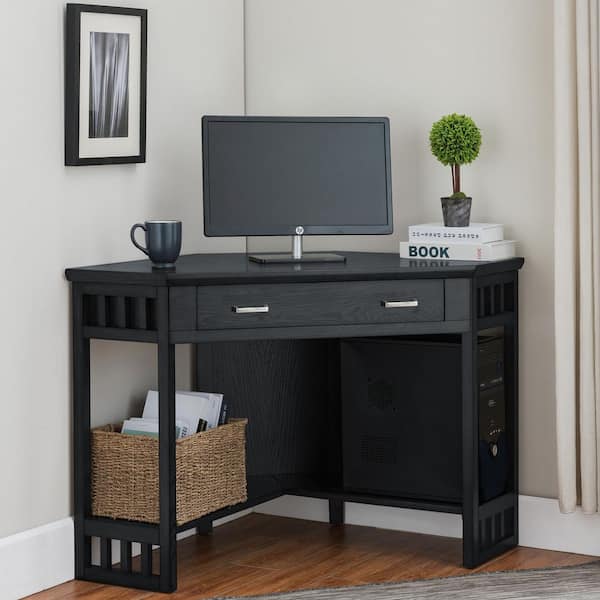 48 in.Corner Black Oak Writing Desk with Center Keyboard Drawer and Shelf