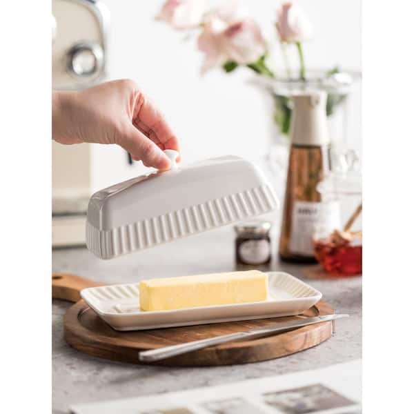 Wudkey 4 oz. White Ceramic Butter Dish with Striped Pattern and