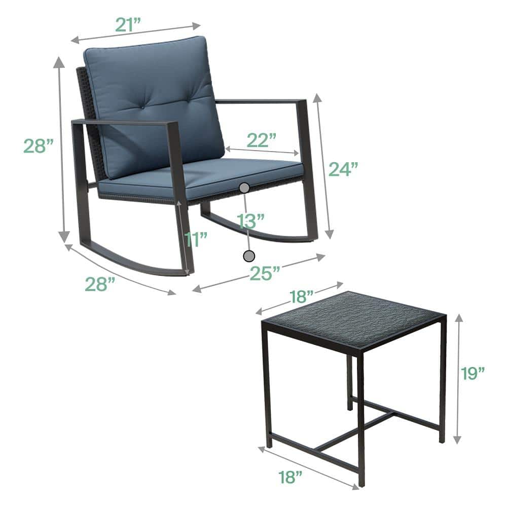 Gray Cushioned Steel Rocking Bistro Set with Glass Table