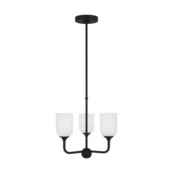 Generation Lighting Emile Small 3-Light Midnight Black Chandelier with Etched White Glass Shades