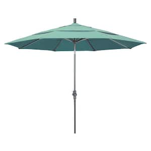 11 ft. Hammertone Grey Aluminum Market Patio Umbrella with Crank Lift in Spectrum Mist Sunbrella