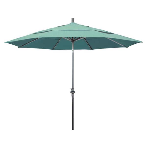 California Umbrella 11 ft. Hammertone Grey Aluminum Market Patio Umbrella with Crank Lift in Spectrum Mist Sunbrella