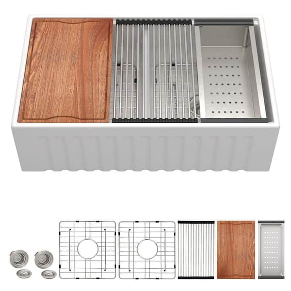 33 in. Farmhouse/Apron-Front 50/50 Double Bowl Fireclay Workstation Sink, Reversible Gloss White Ceramic Kitchen Sink