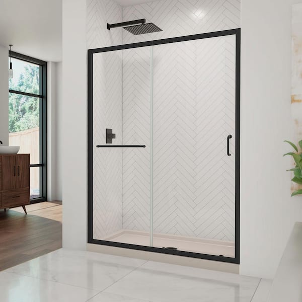 DreamLine Infinity-Z 54 in. W x 74.75 in. H Sliding Semi-Frameless Shower Door in Matte Black with Clear Glass and Base
