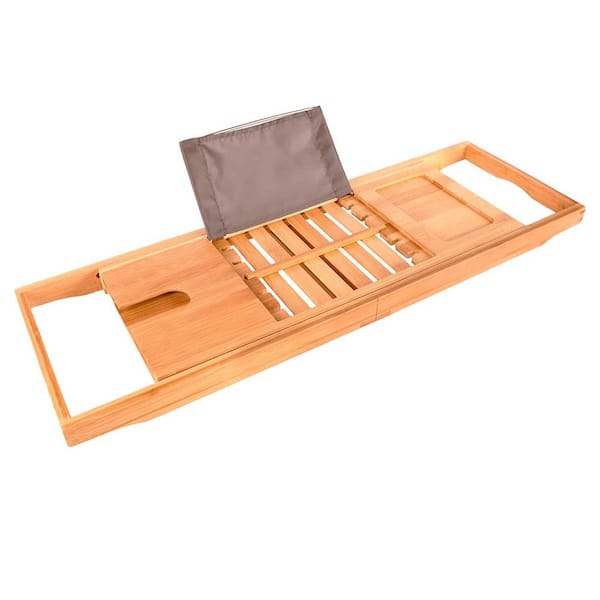 Unbranded Extendable Bamboo Wood Bathtub Tray with Adjustable Reading Rack for Book, Tablet Slot or Cellphone - Wine Glass Holder