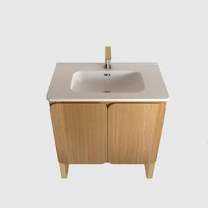 30 in. x 18.3 in. x 33.5 in. Freestanding and Wall Mounted Light Wood Bath Vanity with Ceramic Sink Top