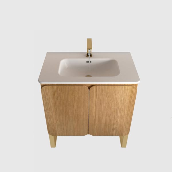30 in. x 18.3 in. x 33.5 in. Freestanding and Wall Mounted Light Wood Bath Vanity with Ceramic Sink Top