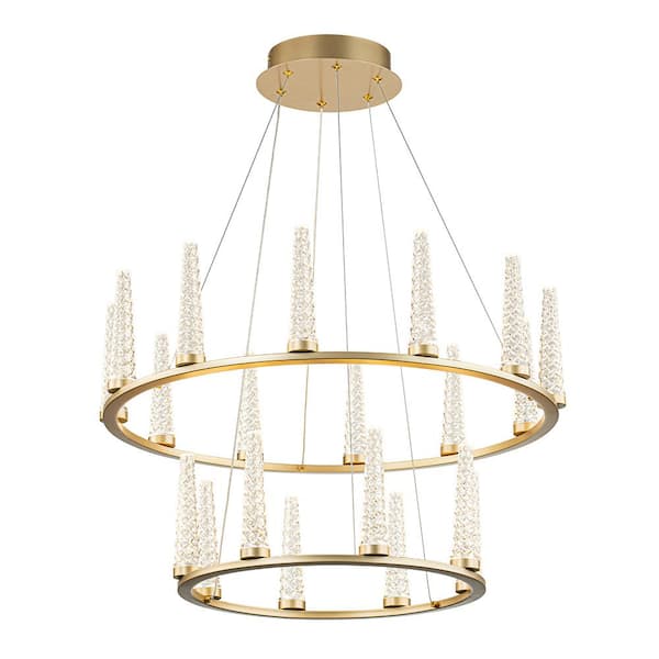 HUOKU Dreamy 24.4 in. 20-Light Wagon Wheel 2-Tier Dimmable Integrated LED Champagne Gold Chandelier with Acrylic Cone LED Bulb