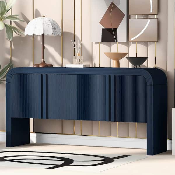 Wave-Pattern Navy Blue Wood 63 in. Striped Sideboard Console Table with 4-Door, Adjustable Shelves, Curved Edge
