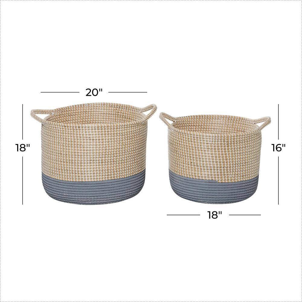 Set of 2 Round Seagrass Storage Baskets with Gray Stripes