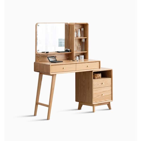 Harper & Bright Designs 2-Piece Natural Oak 100% Solid Wood Makeup Vanity Set with Mirror, Stool (No Assembly Required), 4-Drawer, Shelves