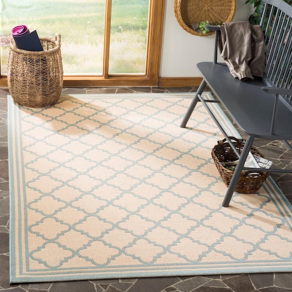 Linden Cream/Aqua 7 ft. x 7 ft. Square Geometric Trellis Border Area Rug