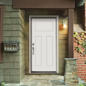 30 in. x 80 in. 3-Panel Craftsman White Painted Steel Prehung Right-Hand Inswing Front Door w/Brickmould