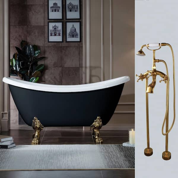 WOODBRIDGE Idaho 59 in. Heavy Duty Acrylic Slipper Clawfoot Bath Tub in Black Faucet, Claw Feet, Drain & Overflow in Polished Gold