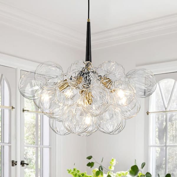 HUOKU Alma 6-Light 24.8 in. W Brass Bubble Chandelier with Petal Texture Clear Glass for Living Room and Loft