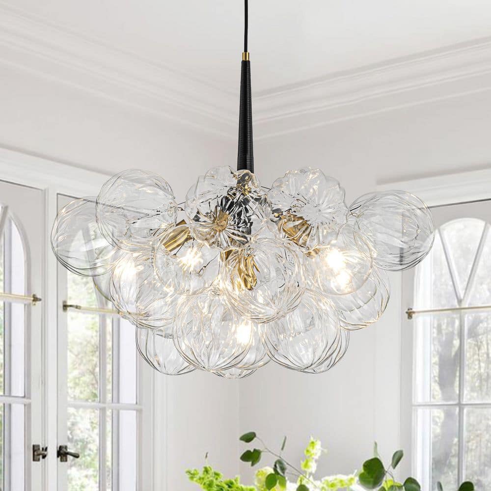 Alma 6-Light 24.8 in.W Gold and Black Cluster Bubble Chandelier with Ribbed Glass and Leather, LED Bulbs Included price history on PriceWatchPro