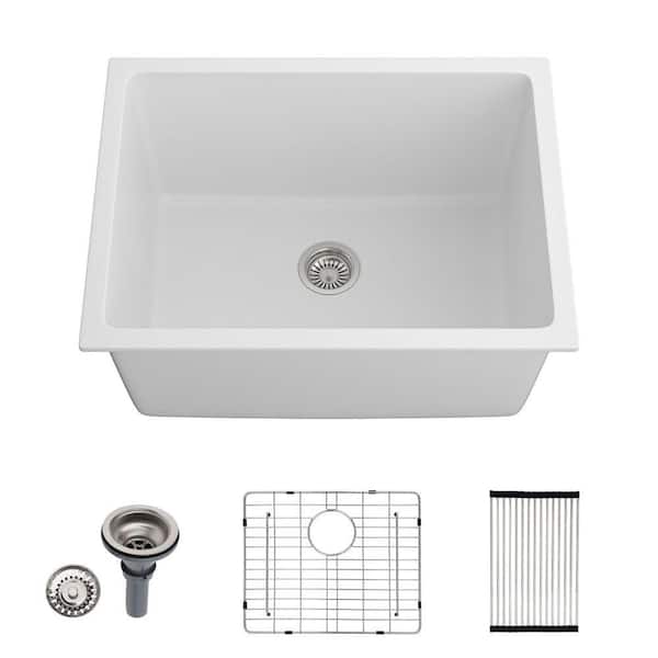 24"x18" White Undermount Utility Sink Quartz/Granite Composite Single Bowl Laundry Room Sink