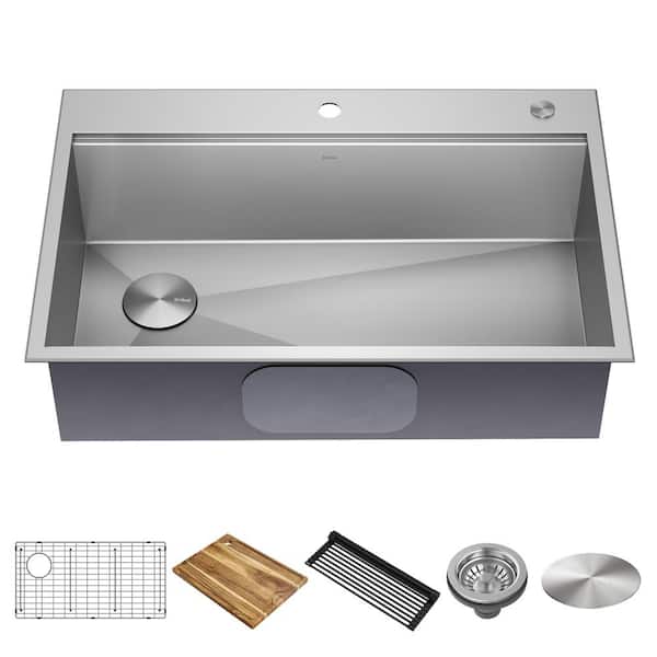 KRAUS Loften 33 in. Drop-In/Undermount Single Bowl 18 Gauge Stainless Steel Kitchen Workstation Sink with Accessories