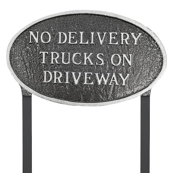 Montague Metal Products No Delivery Trucks on Driveway Standard Oval Statement Plaque with 17.5 in. Lawn Stakes-Swedish Iron