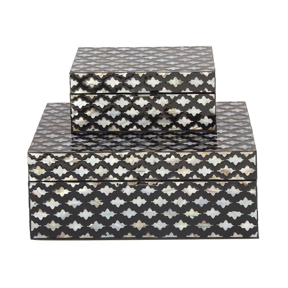 Black Mother of Pearl Inlay Decorative Wood Boxes, Set of 2