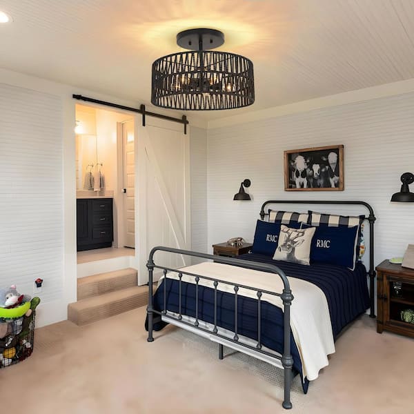 16in. 5-Light Boho Drum black Semi Flush Mount Ceiling Light