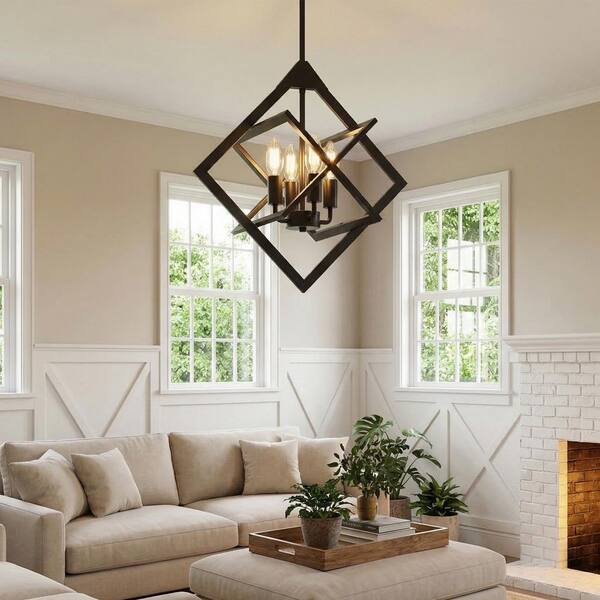 茶 bk YANSUN 18 in. 4-Light Black Farmhouse Chandelier, Geometric