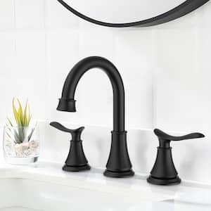 Roman 8 in. Widespread Double-Handle 360 Degree Swivel Spout Bathroom Faucet with Drain Kit Included in Matt Black