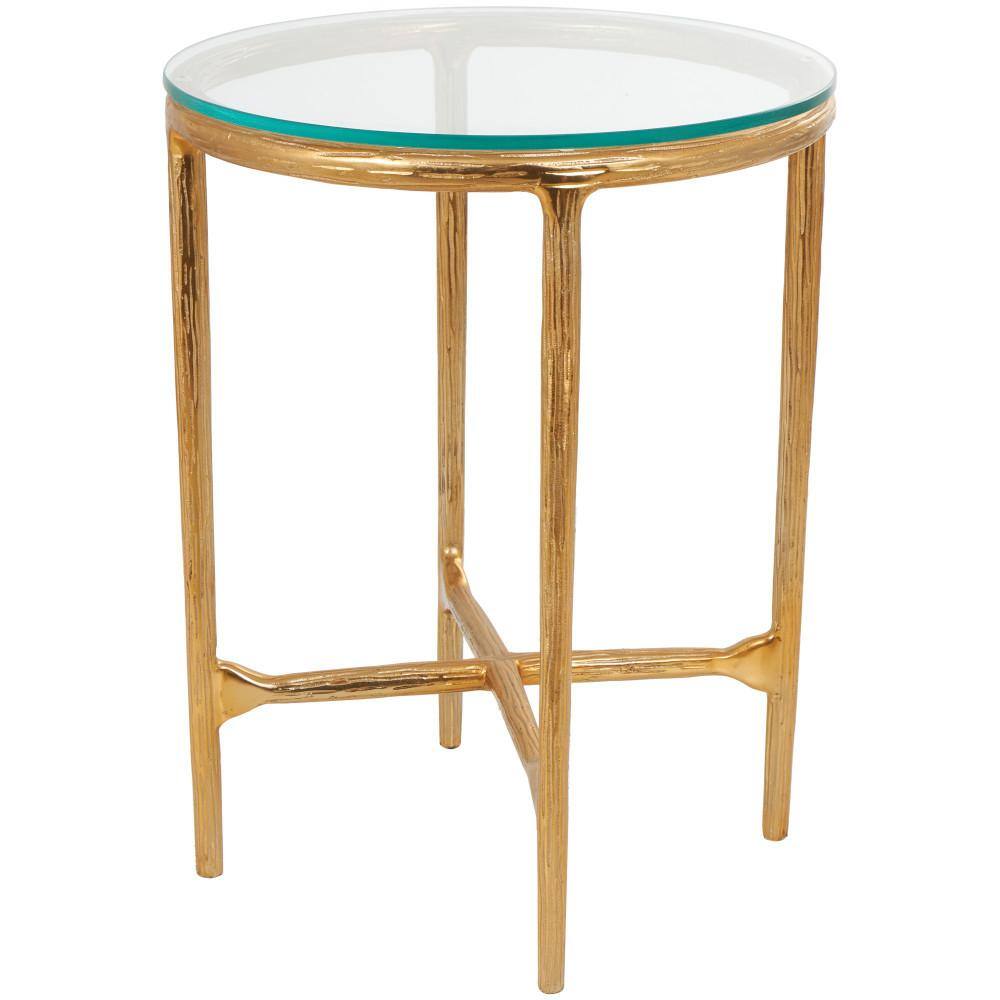 Litton Lane 18 in. Gold Textured Large Round Glass End Table with Glass