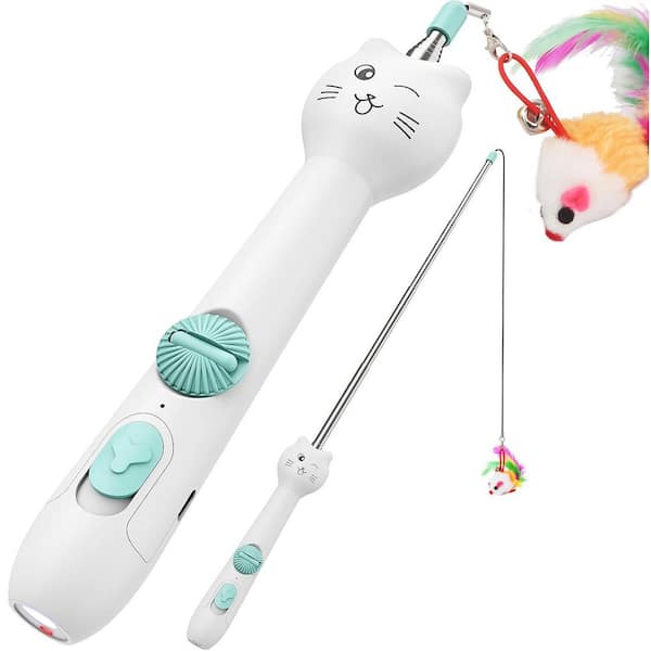 2-in-1 Interactive Cat Toy Light and Retractable Pole Screen w/ Feather USB Rechargeable Long Range 5 Modes Fun for Pets